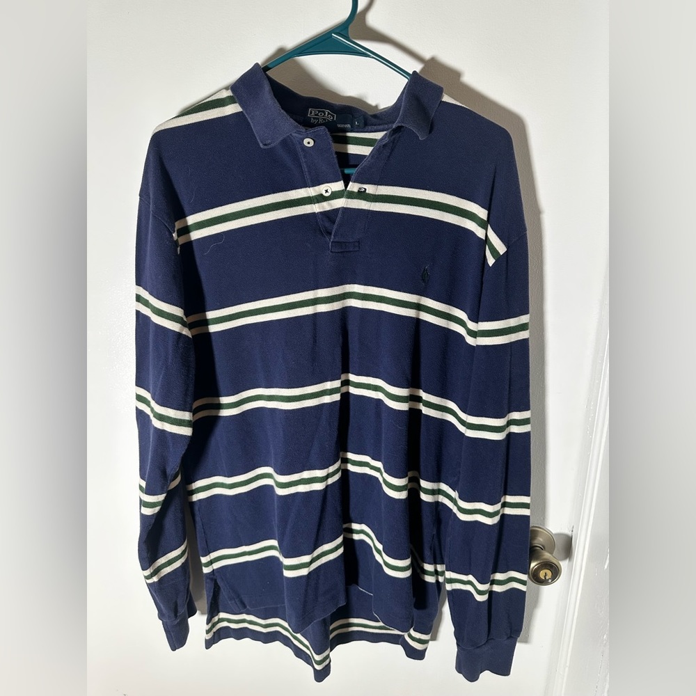 Polo by Ralph Lauren polo shirt. Navy blue with white and dark green stripes